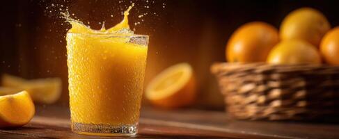The refreshing orange juice with splash in a glass and fresh fruit background. photo