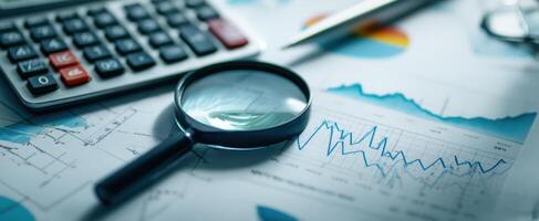 The magnifying glass on financial graphs and analytical tools for business insights. photo