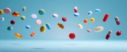 The vibrant array of colorful pills and capsules floating in mid-air. photo