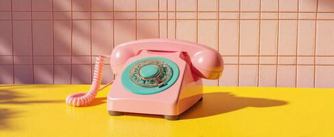 The vibrant pink rotary phone against a bright yellow backdrop. photo