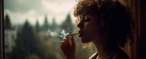 The woman enjoying a moment of solitude while smoking by the window. photo