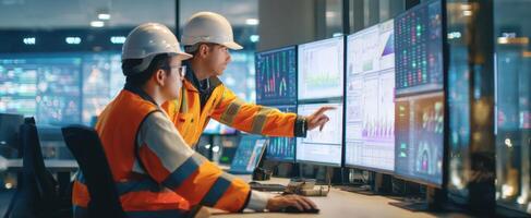 The engineers analyzing data trends in a modern industrial workspace. photo
