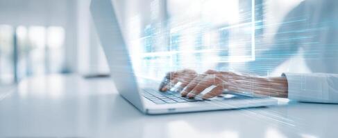 The laptop showcasing advanced digital interaction with innovative data visualization. photo
