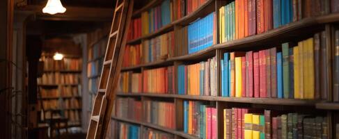 The cozy library filled with colorful books and inviting warmth. photo