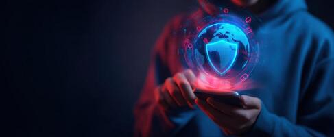 The smartphone showcasing a virtual globe with a security shield concept. photo