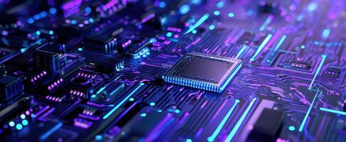 The vibrant circuit board with a prominent microchip glowing in neon colors. photo