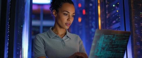 The woman working on a laptop in a high-tech server environment. photo