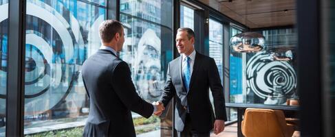 The handshake between two professionals in a modern office setting photo