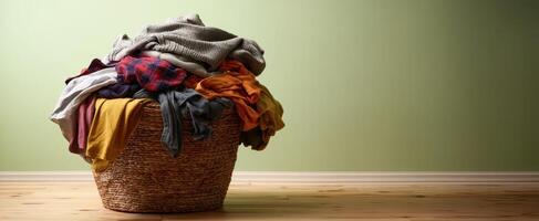A basket full of clothes on a wooden floor photo