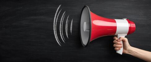 The megaphone broadcasting sound waves on a chalkboard background photo