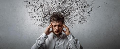 The man experiencing overwhelming thoughts and stress in a chaotic scene. photo