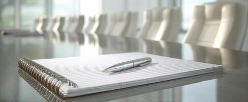 The sleek pen resting on a notepad in a modern conference room. photo