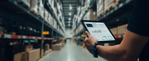 The tablet displaying data analytics in a busy warehouse environment. photo