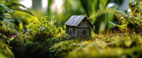 The Miniature House Nestled Among Vibrant Greenery in a Tranquil Setting photo