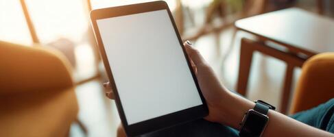 The modern tablet held in hand against a stylish interior backdrop. photo