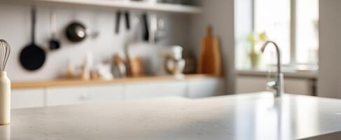 The modern kitchen countertop with elegant design and functional decor elements. photo