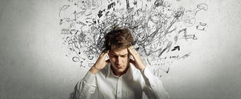 The man overwhelmed by chaotic thoughts and stress in a creative illustration. photo