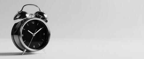 The classic black alarm clock on a minimalist surface in soft light. photo
