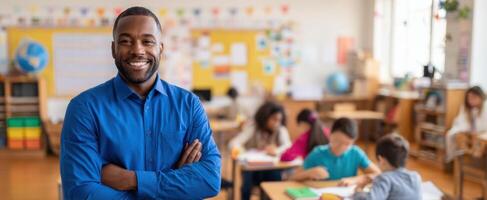 The confident teacher inspiring students in a diverse classroom setting. photo