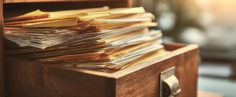 The organized chaos of stacked paper files in a wooden drawer. photo