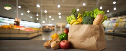 The fresh grocery bag overflowing with vibrant fruits and vegetables. photo