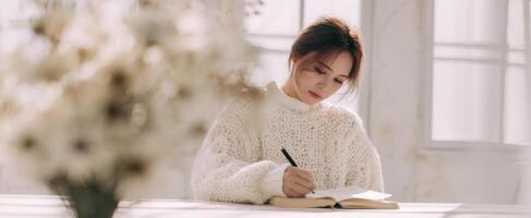 The Woman in a Cozy Sweater Writing Thoughtfully in a Sunlit Room photo