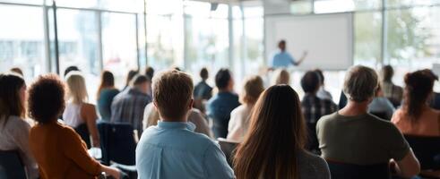 The engaged audience listening attentively during a professional presentation in a seminar. photo