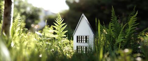 The miniature house nestled among verdant ferns in a tranquil garden setting. photo