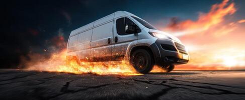 The dynamic van racing through flames on a dramatic asphalt road. photo