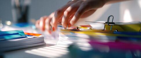 The hands meticulously organizing colorful paperwork on a bright workspace. photo