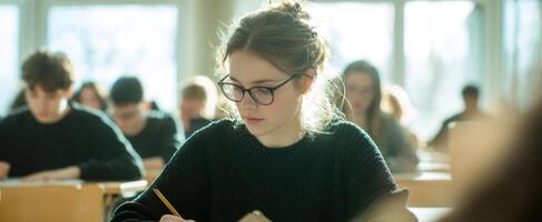 The student focused on her notes in a bright classroom setting. photo