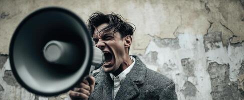The man passionately shouting into a megaphone against a distressed backdrop. photo