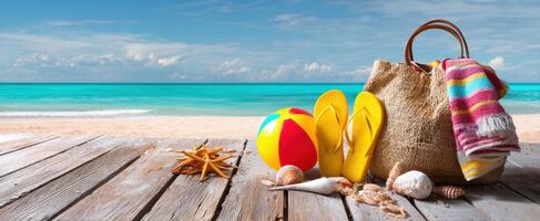 The vibrant beach scene with summer essentials for a delightful getaway. photo