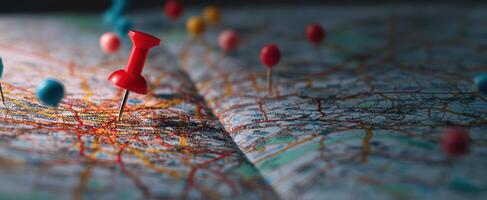 The map highlighting a destination with colorful pins for effective travel planning. photo