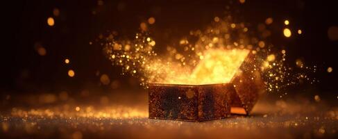 The treasure chest overflowing with magical golden sparkles in darkness. photo