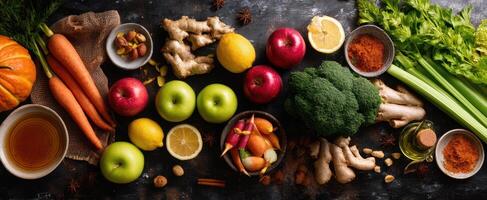 The colorful arrangement of fresh fruits and vegetables on a rustic table photo