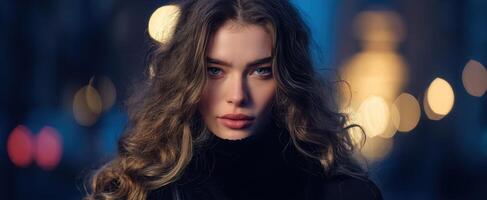 The captivating portrait of a woman with mesmerizing eyes in a city at night. photo