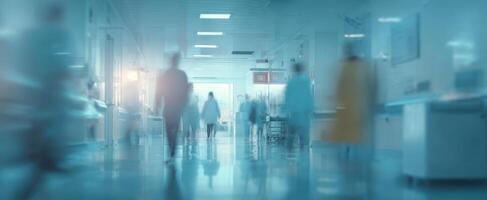 The bustling hospital corridor filled with medical professionals and patients. photo