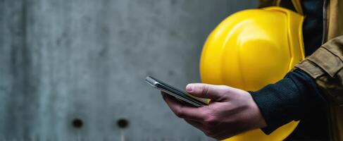 The worker using smartphone while holding a yellow hard hat on a construction site. photo