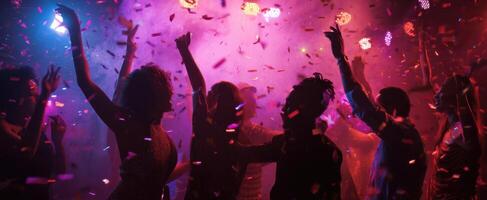 The vibrant atmosphere of a lively party filled with dancing and confetti. photo
