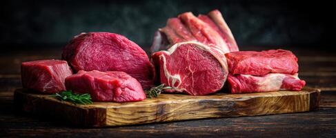 The assortment of fresh beef cuts on a wooden board with herbs. photo