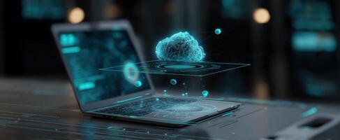 The futuristic laptop displaying an interactive hologram of a cloud computing network. photo