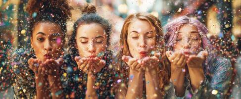 The joyful celebration of four friends blowing glitter in the air photo