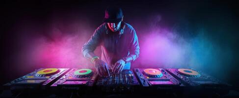 The DJ Creating Electric Beats in a Colorful Nightclub Atmosphere photo