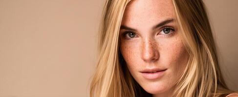 The beautiful blonde woman with freckles and captivating gaze in soft lighting. photo