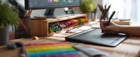 The creative workspace featuring a digital drawing tablet and vibrant colors. photo