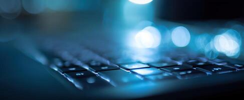 The Close-Up of a Backlit Keyboard with a Soft Blue Glow photo