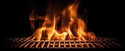 The mesmerizing flames dancing over a grill in a dark setting. photo