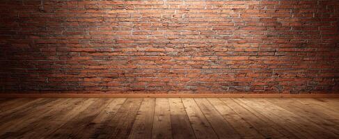 The rustic brick wall and wooden floor create a warm, inviting atmosphere. photo