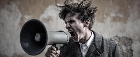 The passionate young man shouting into a megaphone in a dramatic setting. photo